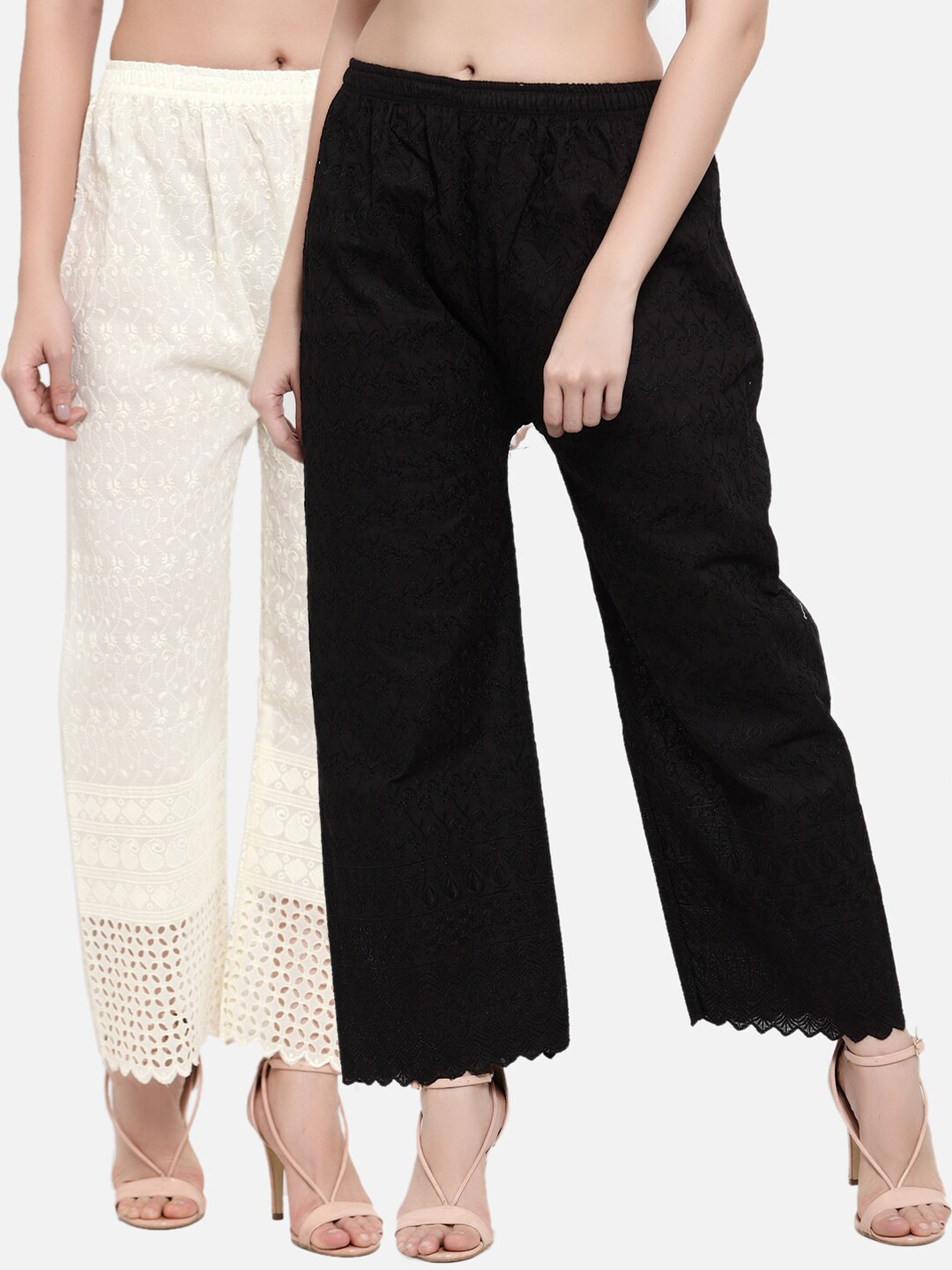 

Miaz Lifestyle Women Pack of 2 Black & Off White Embroidered Ethnic Palazzos