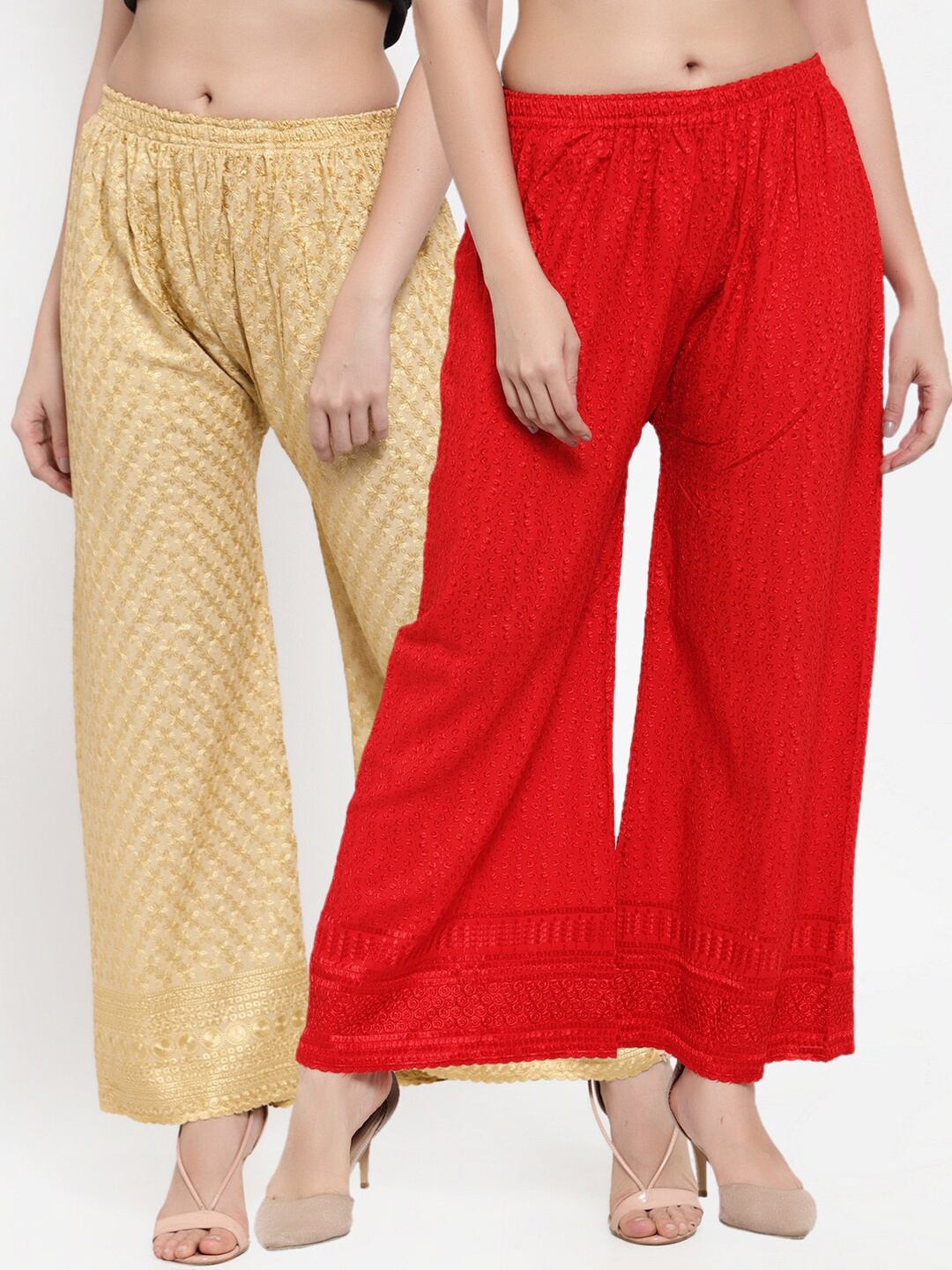 

Miaz Lifestyle Women Pack Of 2 Red & Beige Embroidered Palazzos