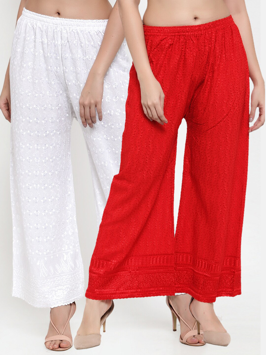 

Miaz Lifestyle Women Red & White Pack of 2 Floral Embroidered Palazzos
