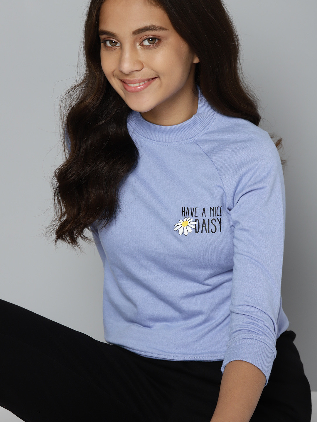 

M&H Juniors Girls Blue Solid Sweatshirt with Printed Detail
