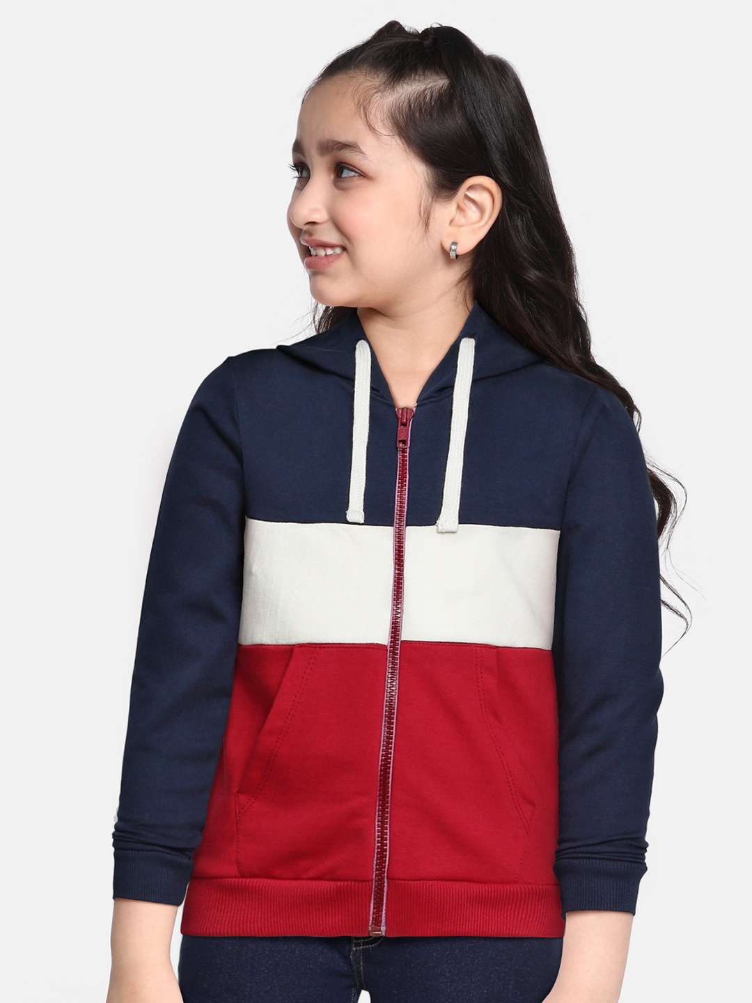 

M&H Juniors Girls Navy Blue & White Colourblocked Hooded Sweatshirt