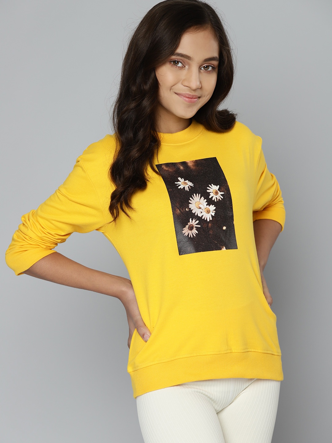 

M&H Juniors Girls Mustard Yellow & Coffee Brown Floral Print Sweatshirt