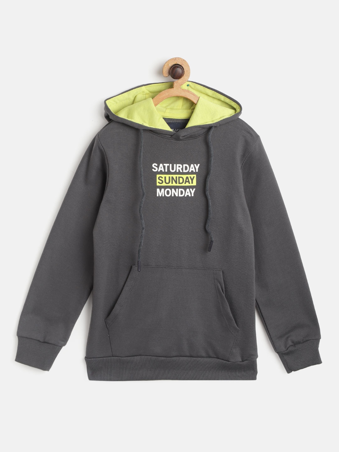 

M&H Juniors Boys Charcoal Grey & White Typography Printed Hooded Sweatshirt