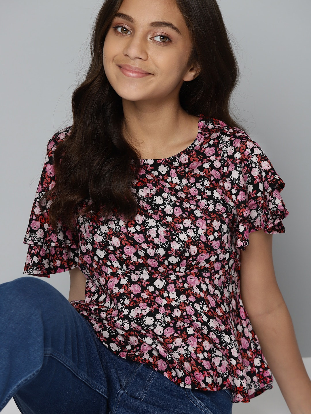

M&H Juniors Girls Black & Pink Floral Print A-Line Top