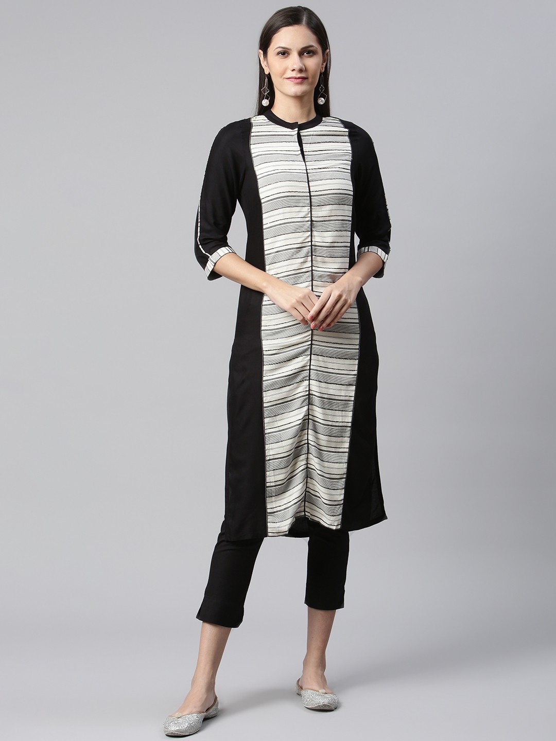 

AURELIA Women Black Woven Striped Kurta with Trousers