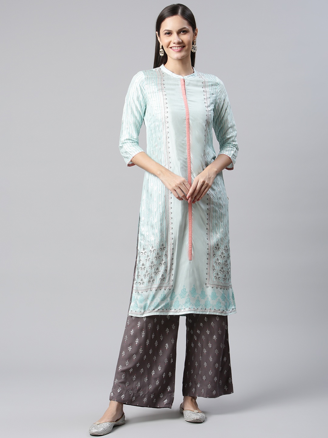

AURELIA Women Blue & Charcoal Grey Ethnic Motifs Printed Kurta with Palazzos