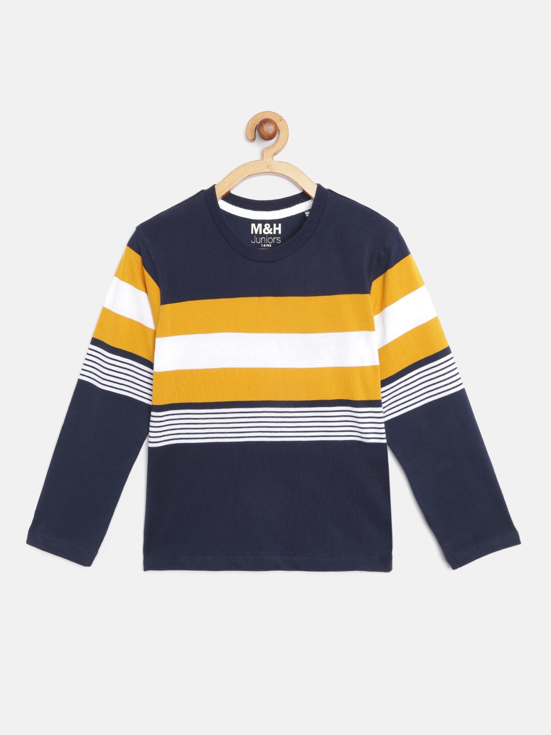 

M&H Juniors Boys Navy Blue & White Cotton Striped T-shirt
