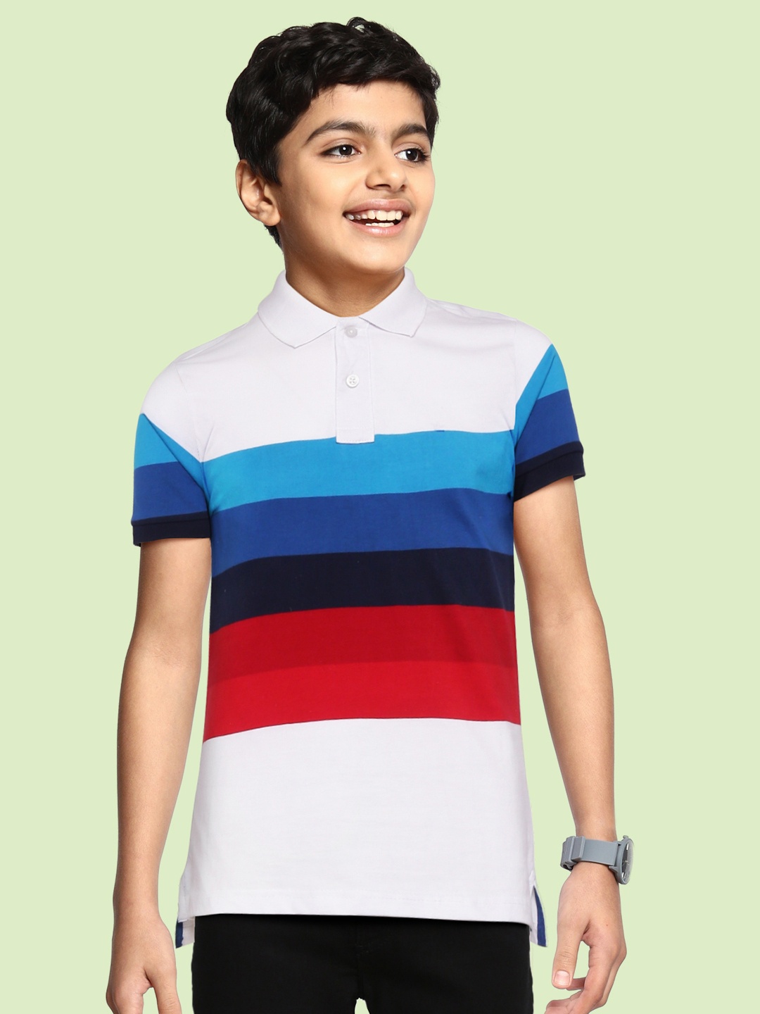 

M&H Juniors Boys White & Blue Cotton Striped Polo Collar T-shirt