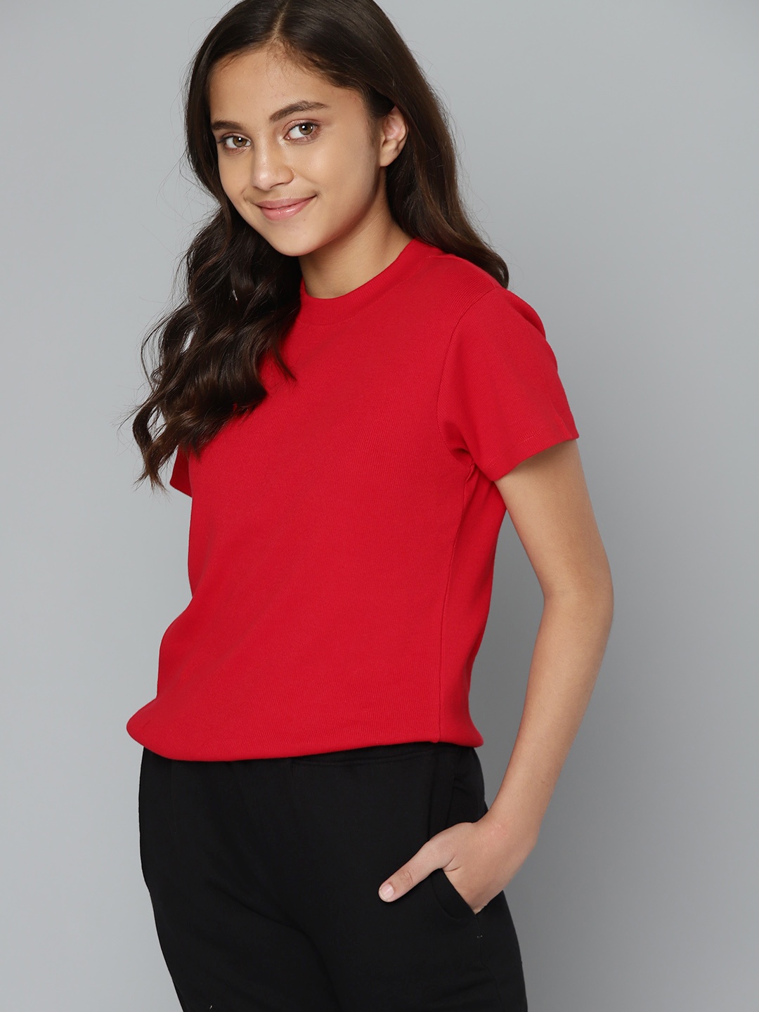 

M&H Juniors Girls Red Ribbed Round Neck T-shirt
