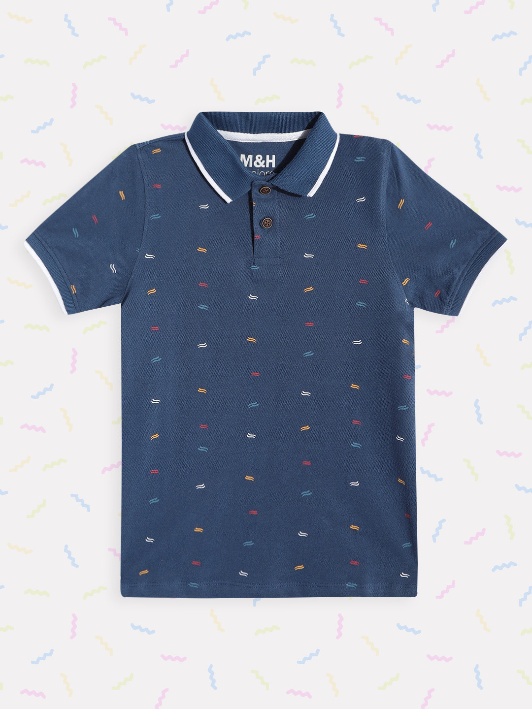 

M&H Juniors Boys Navy Blue & Yellow Printed Polo Collar Pure Cotton T-shirt