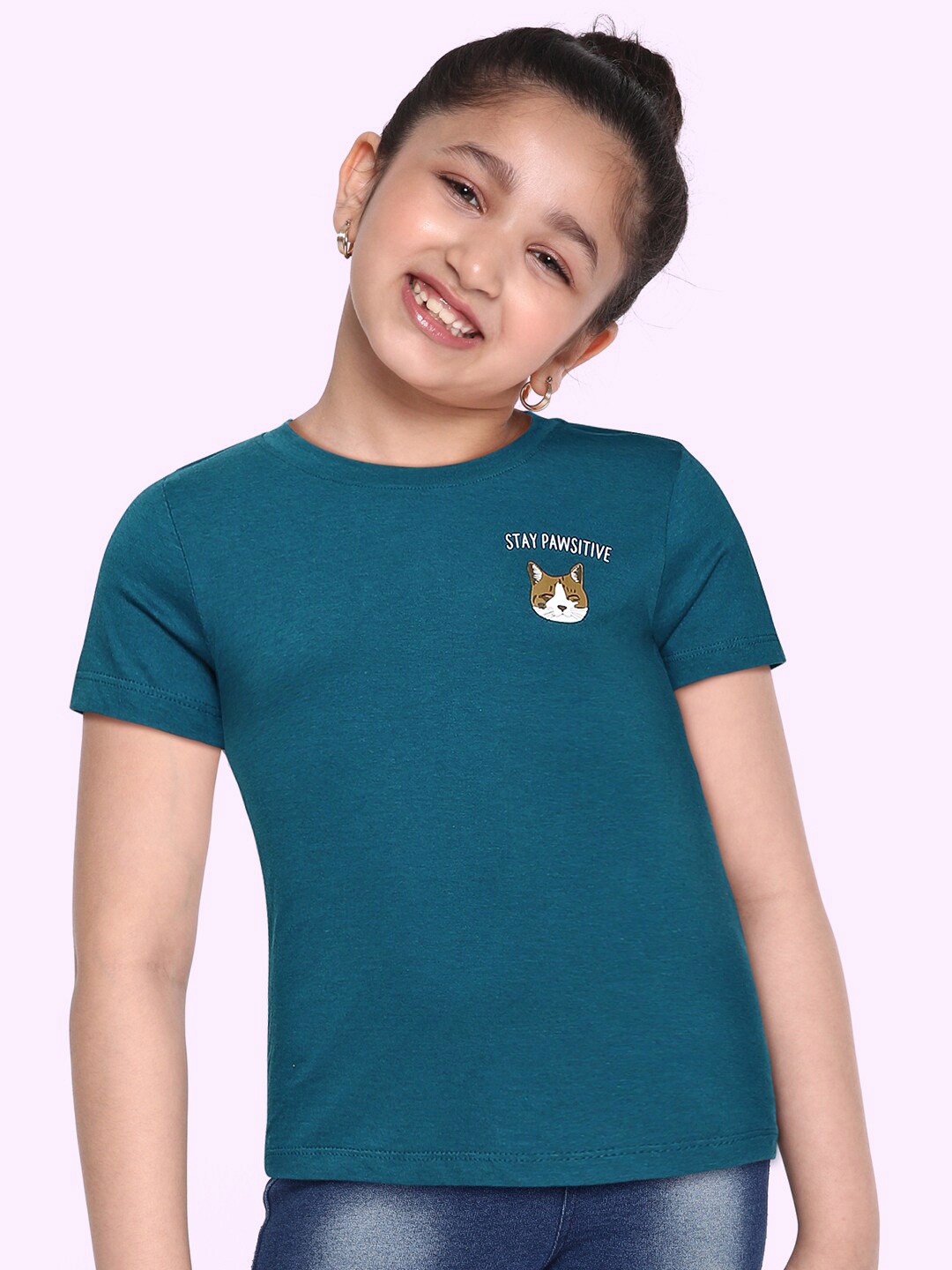 

M&H Juniors Girls Teal Blue Typography Print Round Neck T-shirt
