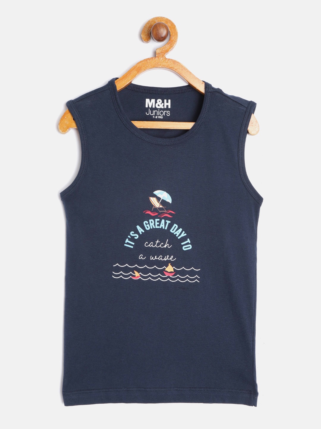 

M&H Juniors Boys Navy Blue Cotton Printed Sleeveless T-shirt