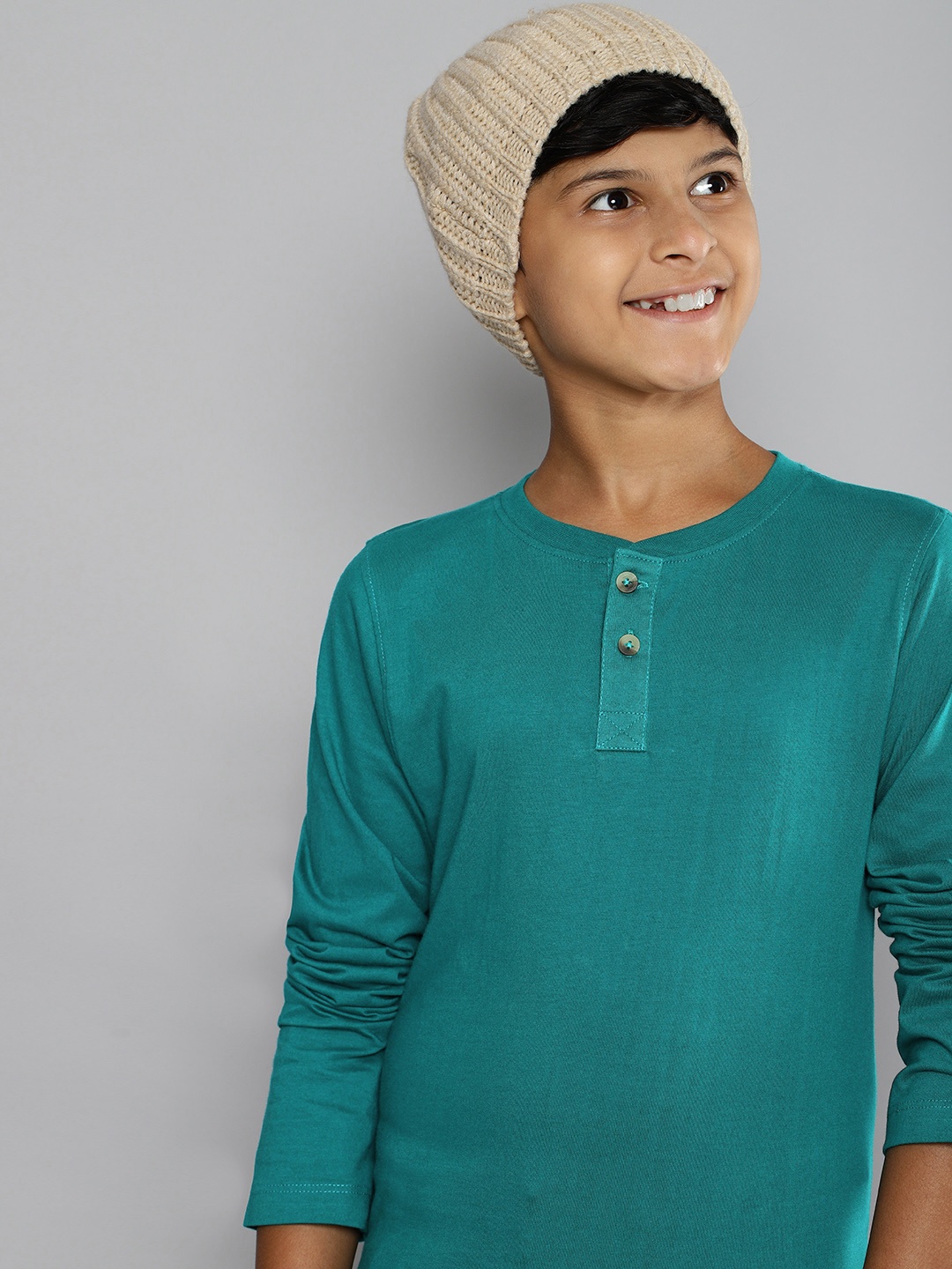 

MH Juniors Boys Teal Green Pure Cotton Solid Henley Neck Pure Cotton T-shirt