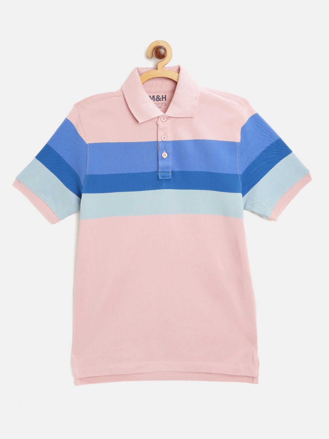 

M&H Juniors Boys Pink & Blue Pure Cotton Striped Polo Collar T-shirt