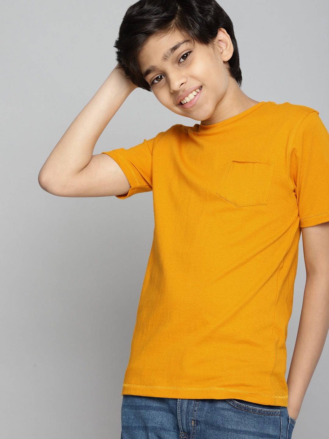 

M&H Juniors Boys Mustard Yellow Solid Pure Cotton T-shirt