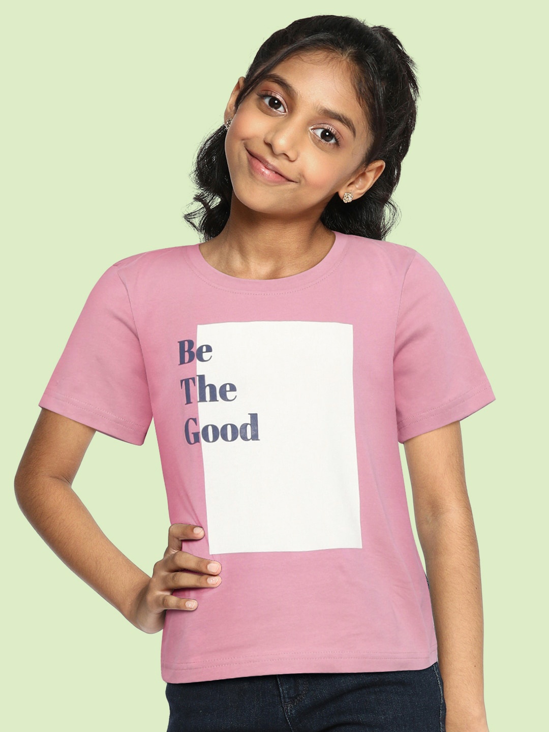 

M&H Juniors Girls Pink & White Graphic Print Cotton T-shirt