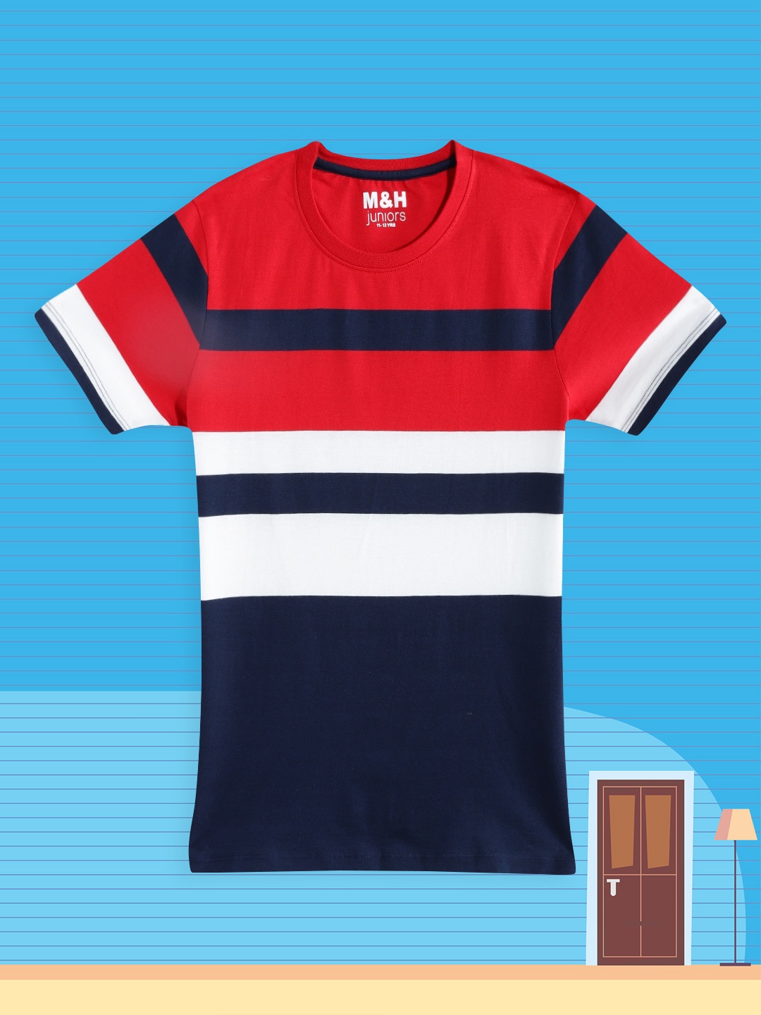 

M&H Juniors Boys Navy Blue & Red Striped Pure Cotton T-shirt