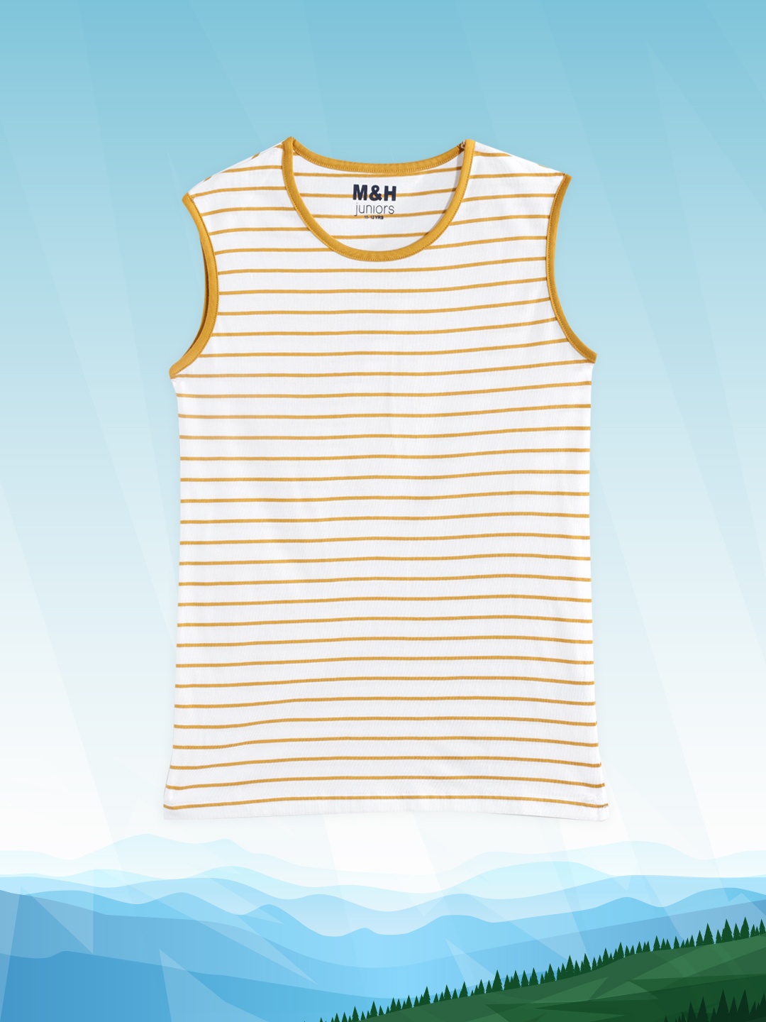 

M&H Juniors Boys White & Mustard Yellow Striped Pure Cotton T-shirt