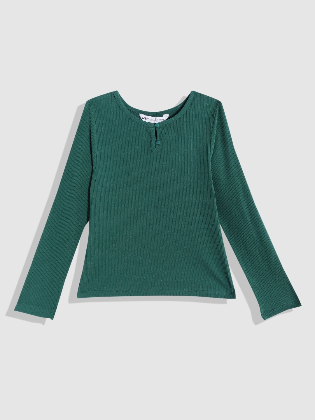 

M&H Juniors Girls Green Ribbed Henley Neck T-shirt