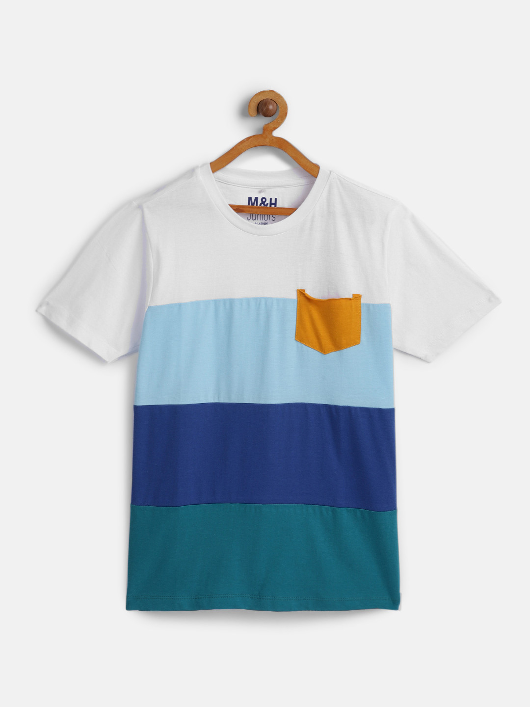 

M&H Juniors Boys White & Blue Pure Cotton Colourblocked T-shirt