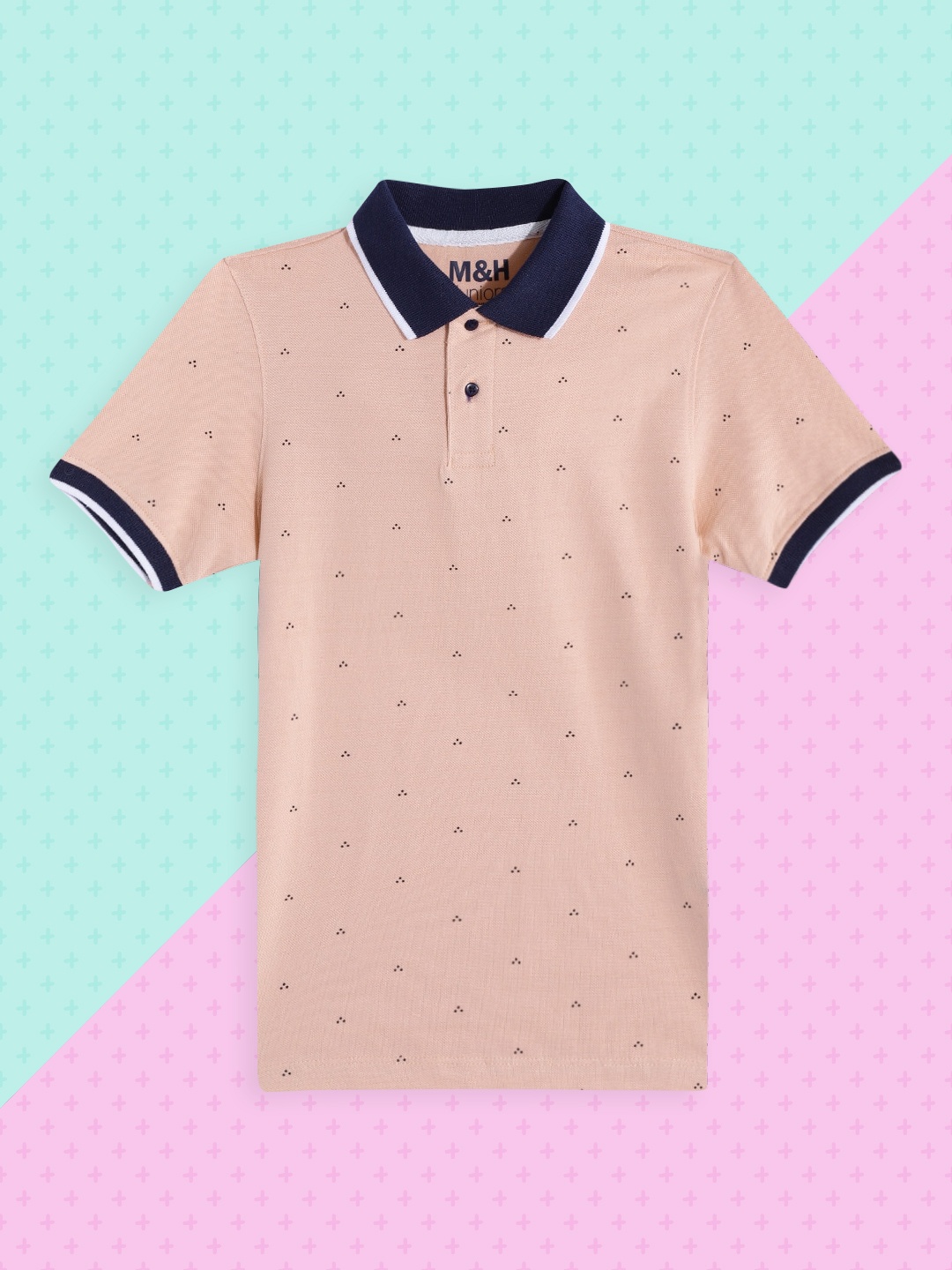 

M&H Juniors Boys Peach-Coloured & Navy Blue Ditsy Print Cotton Polo Collar T-shirt