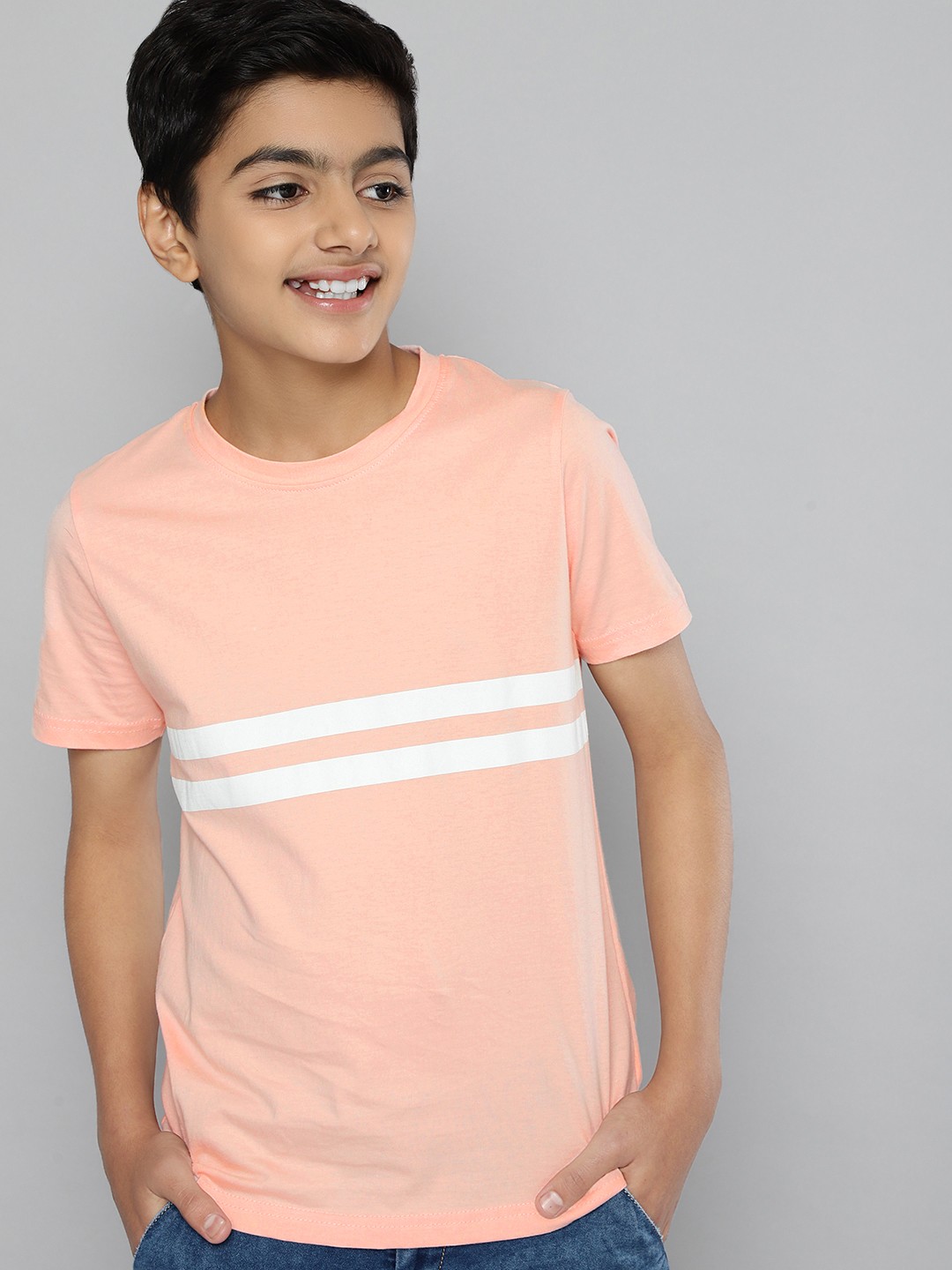 

M&H Juniors Boys Peach-Coloured Striped Pure Cotton T-shirt