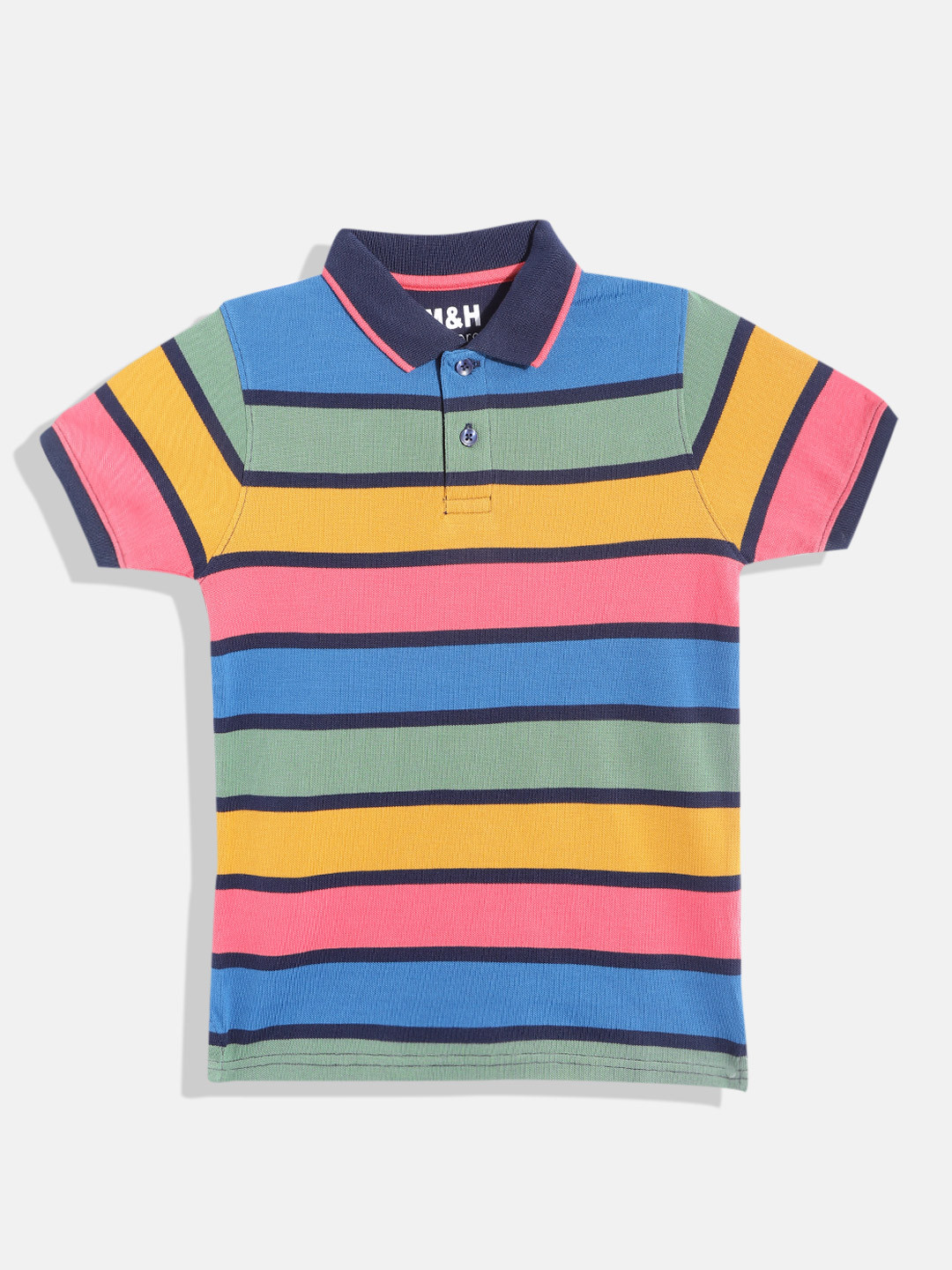 

M&H Juniors Boys Pure Cotton Striped Polo Collar T-shirt, Blue