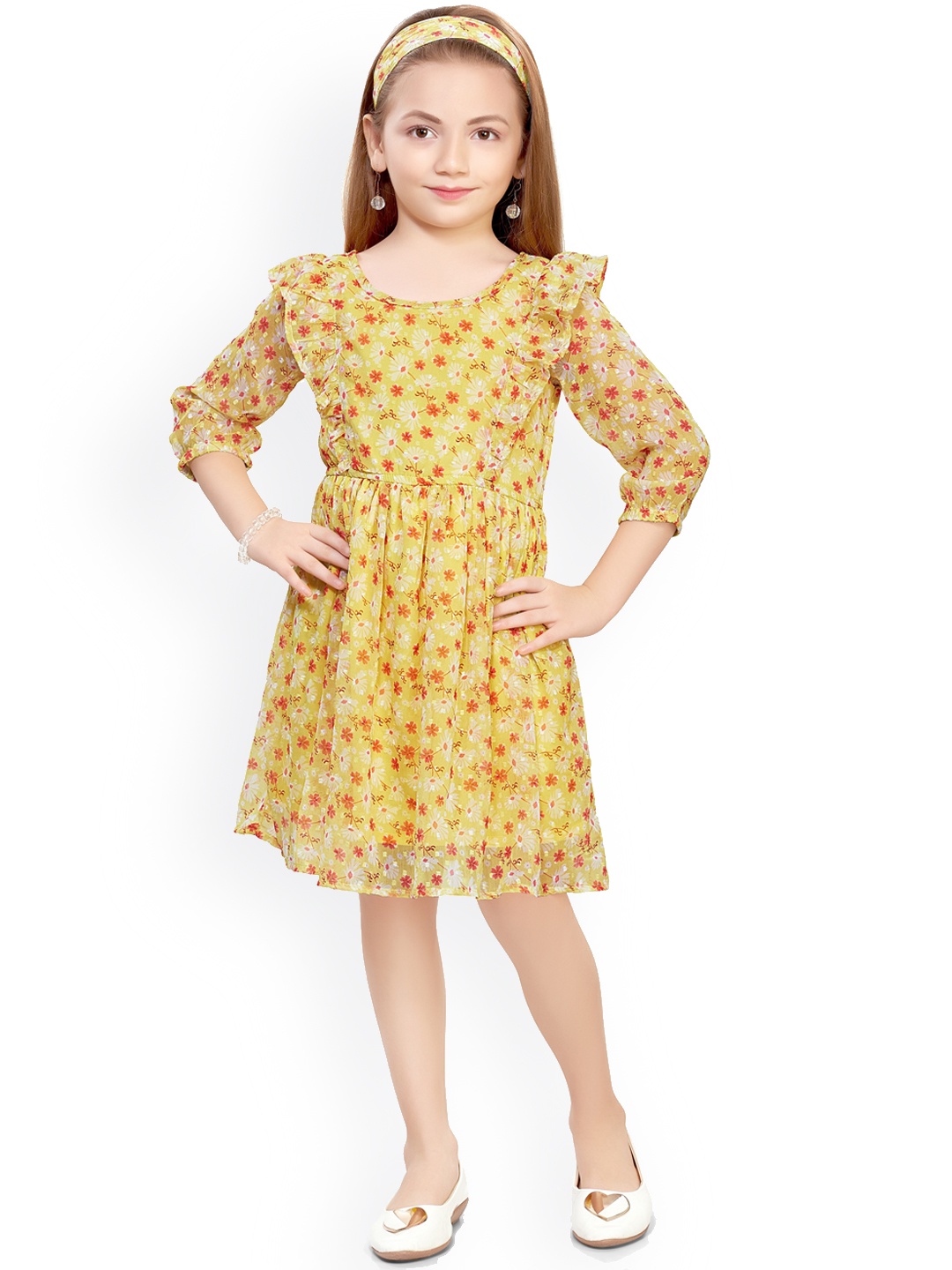 

Doodle Girls Yellow & Red Floral Printed Chiffon Dress with Hairband