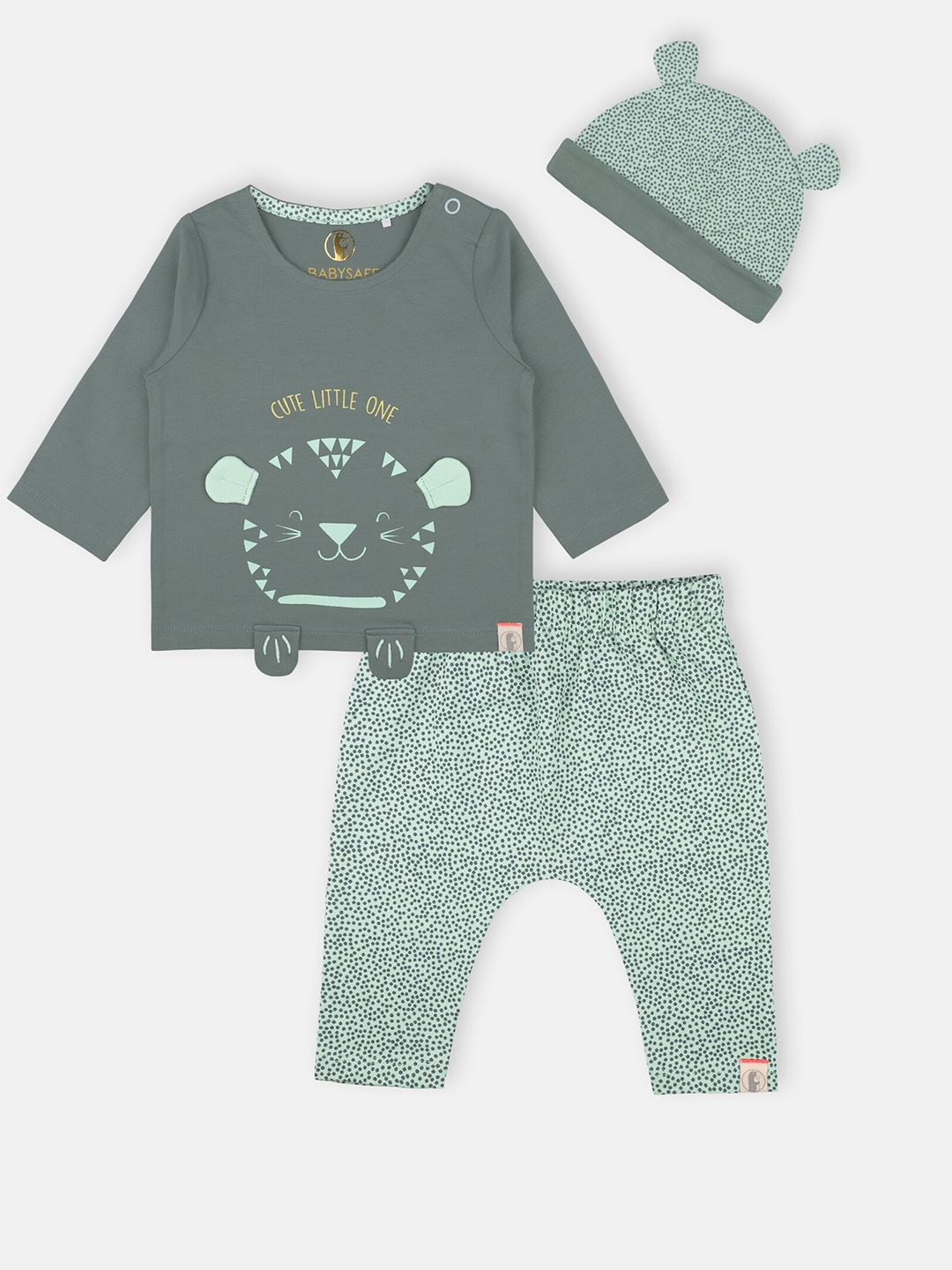 

Babysafe Boys Grey & Sea Green Printed T-shirt with Pyjamas & Beanie