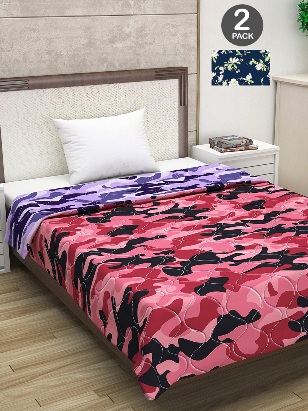 

Divine Casa Navy Blue & Pink Set of 2 Floral Mild Winter 120 GSM Single Bed Comforter