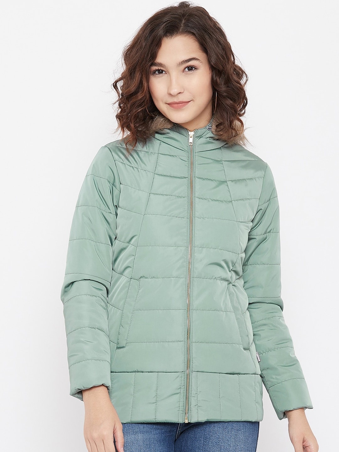 

Crimsoune Club Women Sea Green Striped Puffer Jacket