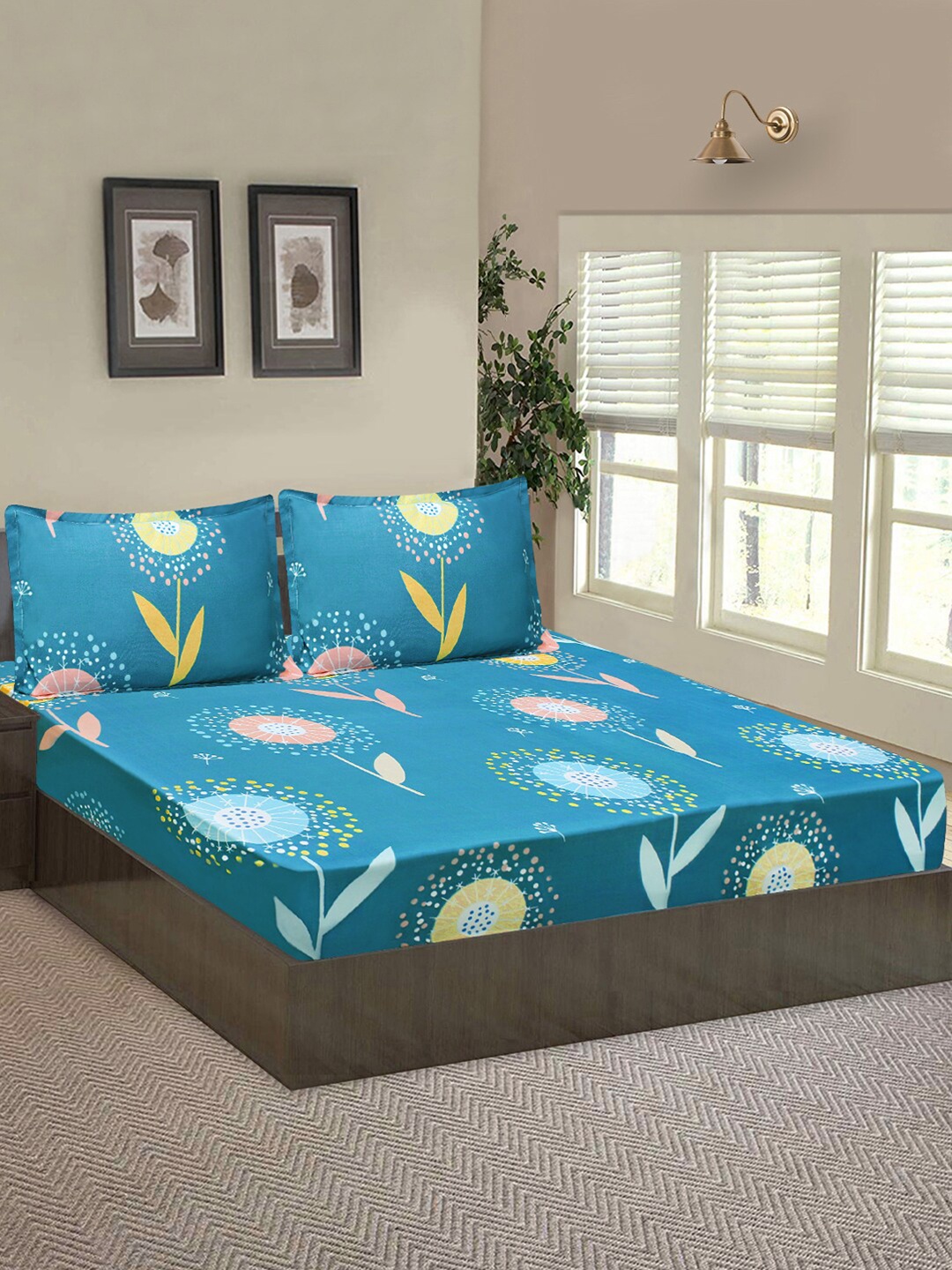 

Good Homes by Home Candy Teal Blue Floral 144 TC Queen Bedsheet with 2 Pillow Covers