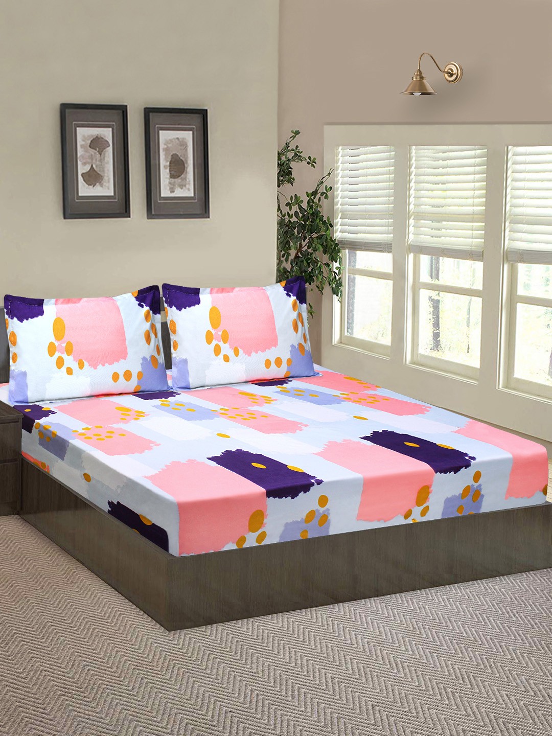 

Good Homes by Home Candy Grey & Pink 144 TC Queen Bedsheet with 2 Pillow Covers