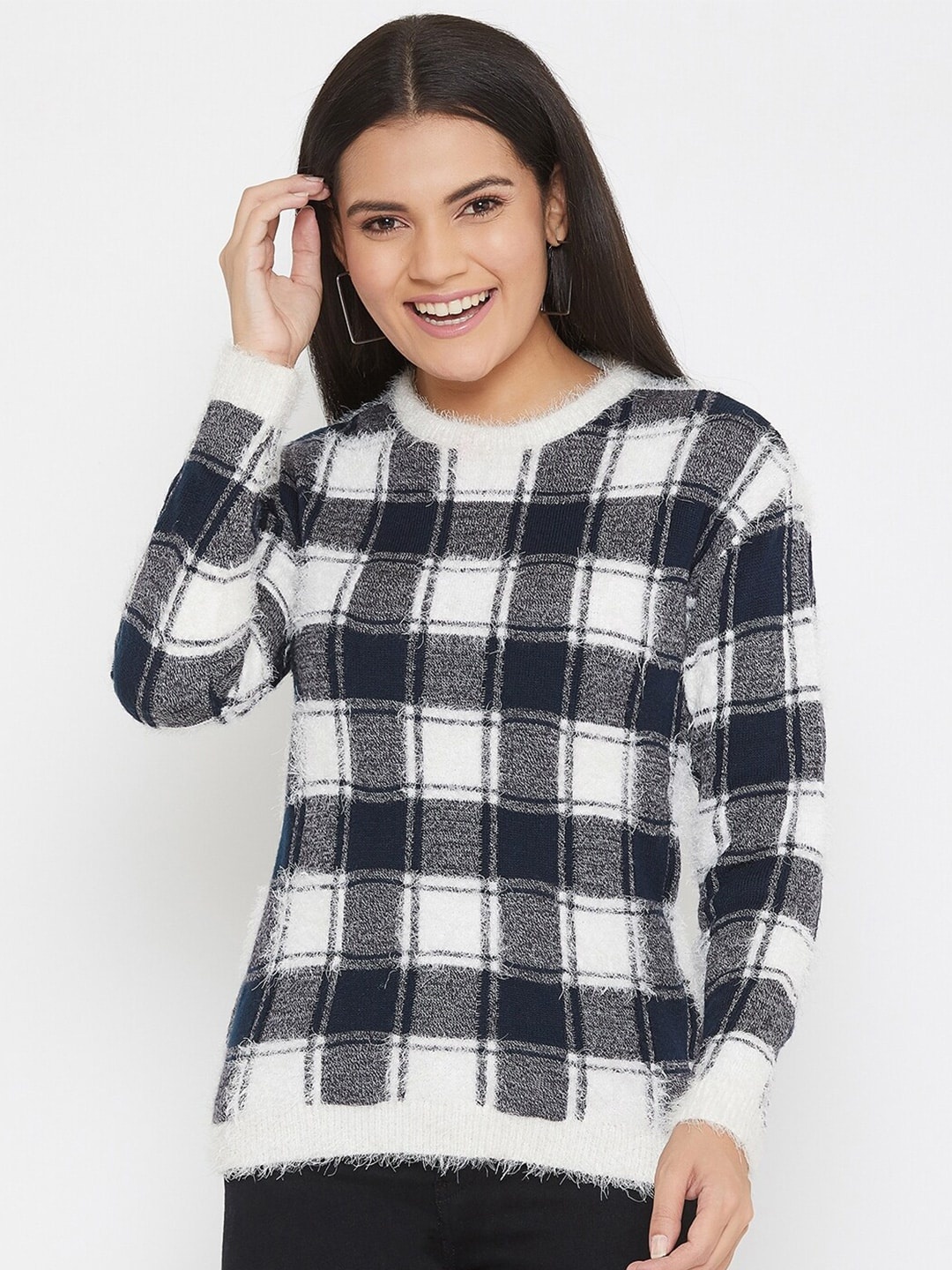 

Crimsoune Club Women Black & White Checked Round Neck Pullover Sweater