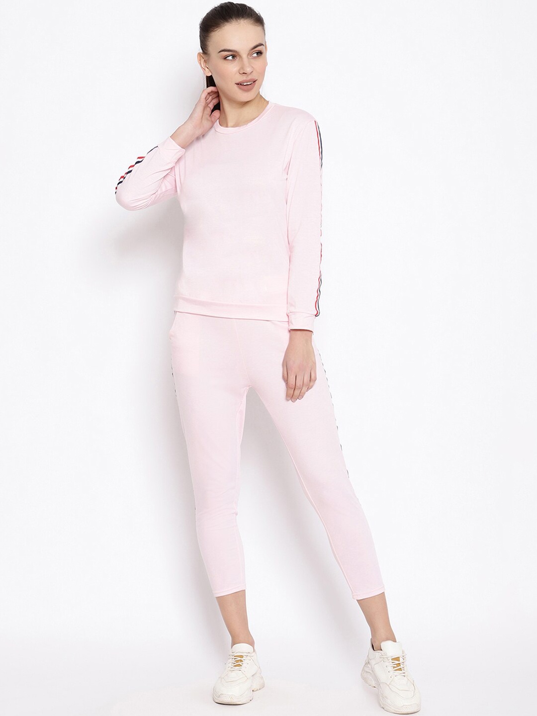 

iki chic Women Pink Solid Clothing Set With Side Stripe