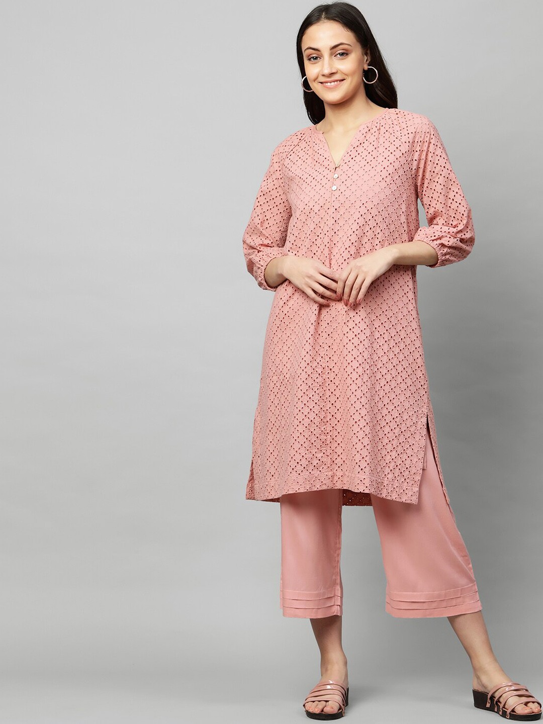 

Modern Indian by CHEMISTRY Women Peach Schiffli Pure Cotton Kurta with Palazzos
