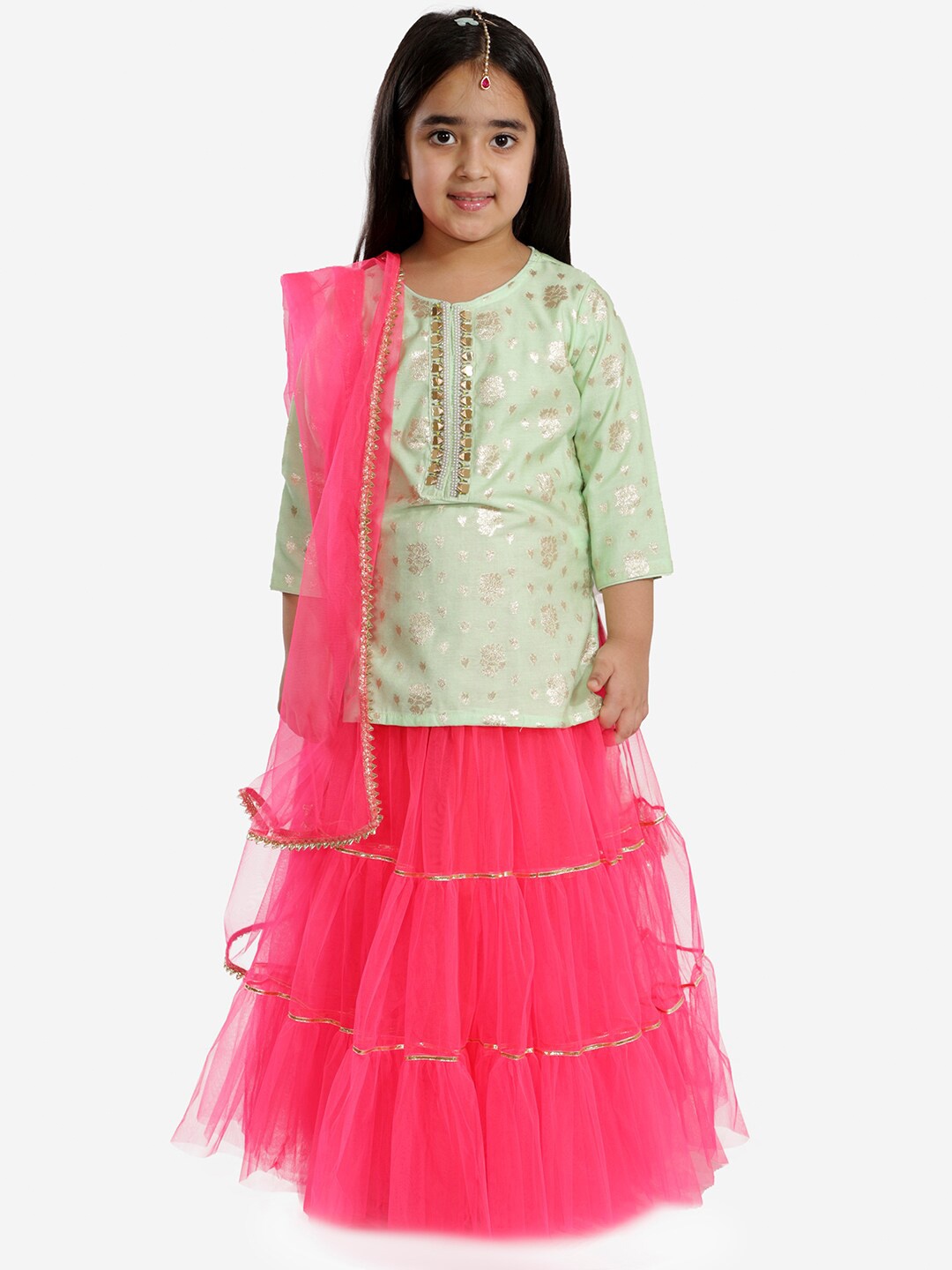 

LIL DRAMA Girls Pink & Green Ready to Wear Lehenga & Blouse With Dupatta