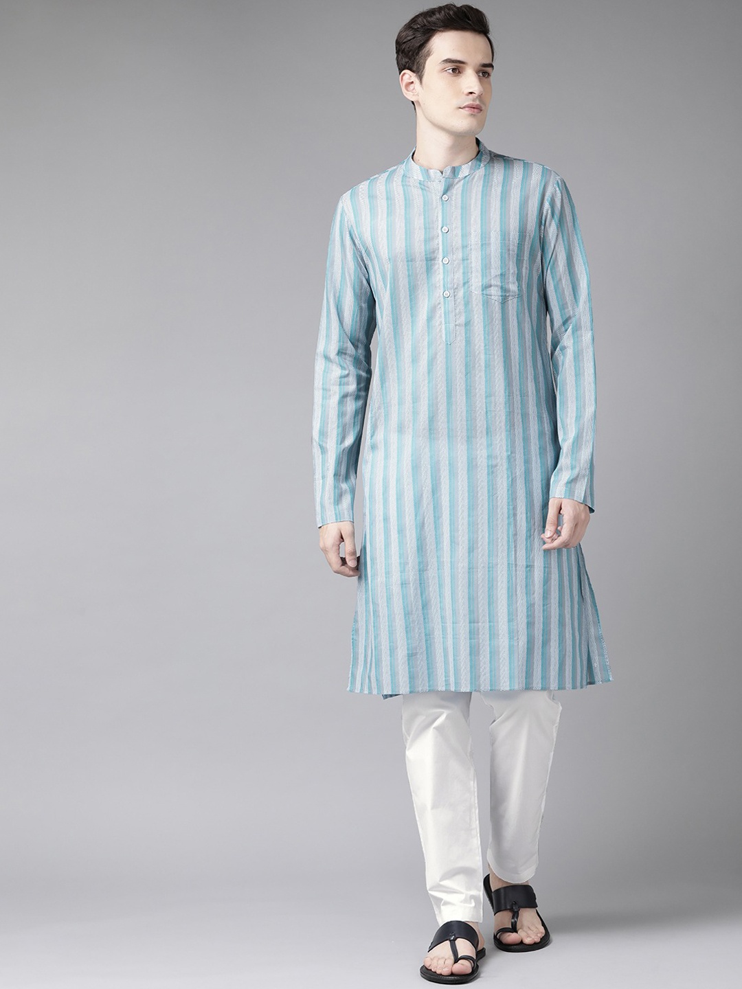 

See Designs Men Blue & Grey Cotton Striped Kurta