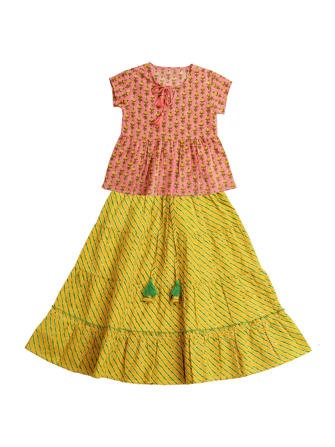 

My Little Lambs Girls Yellow & Pink Printed Ready to Wear Lehenga & Blouse