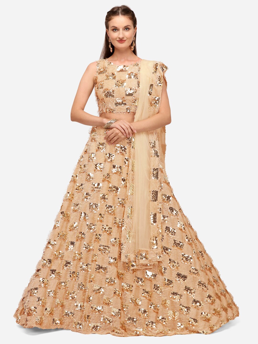 

JATRIQQ Cream-Coloured & Gold-Toned Semi-Stitched Lehenga & Unstitched Blouse & Dupatta