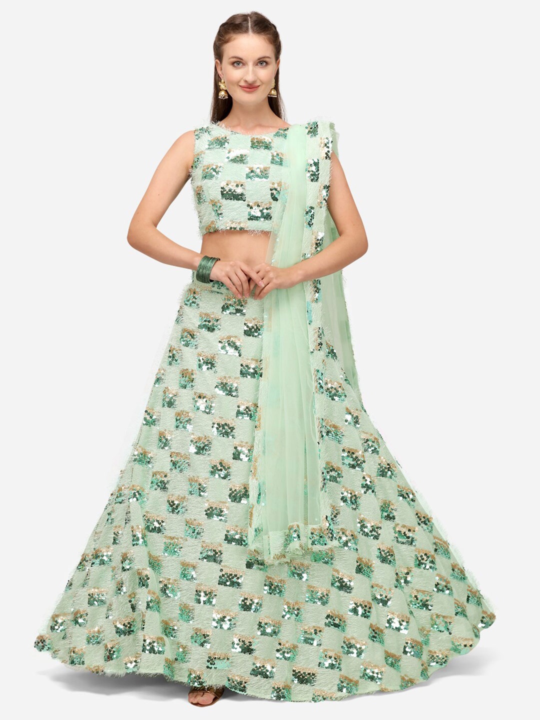 

JATRIQQ Sea Green & Gold-Toned Embellished Sequinned Semi-Stitched Lehenga & Unstitched Blouse With Dupatta