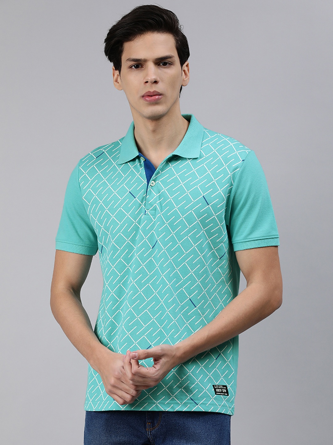 

abof Men Turquoise Blue & White Printed Polo Collar T-shirt