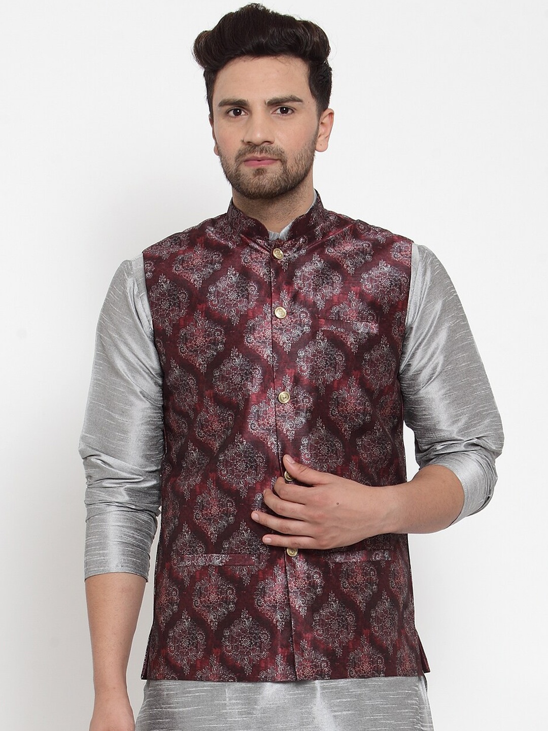 

KRAFT INDIA Men Maroon Silk Printed Nehru Jacket