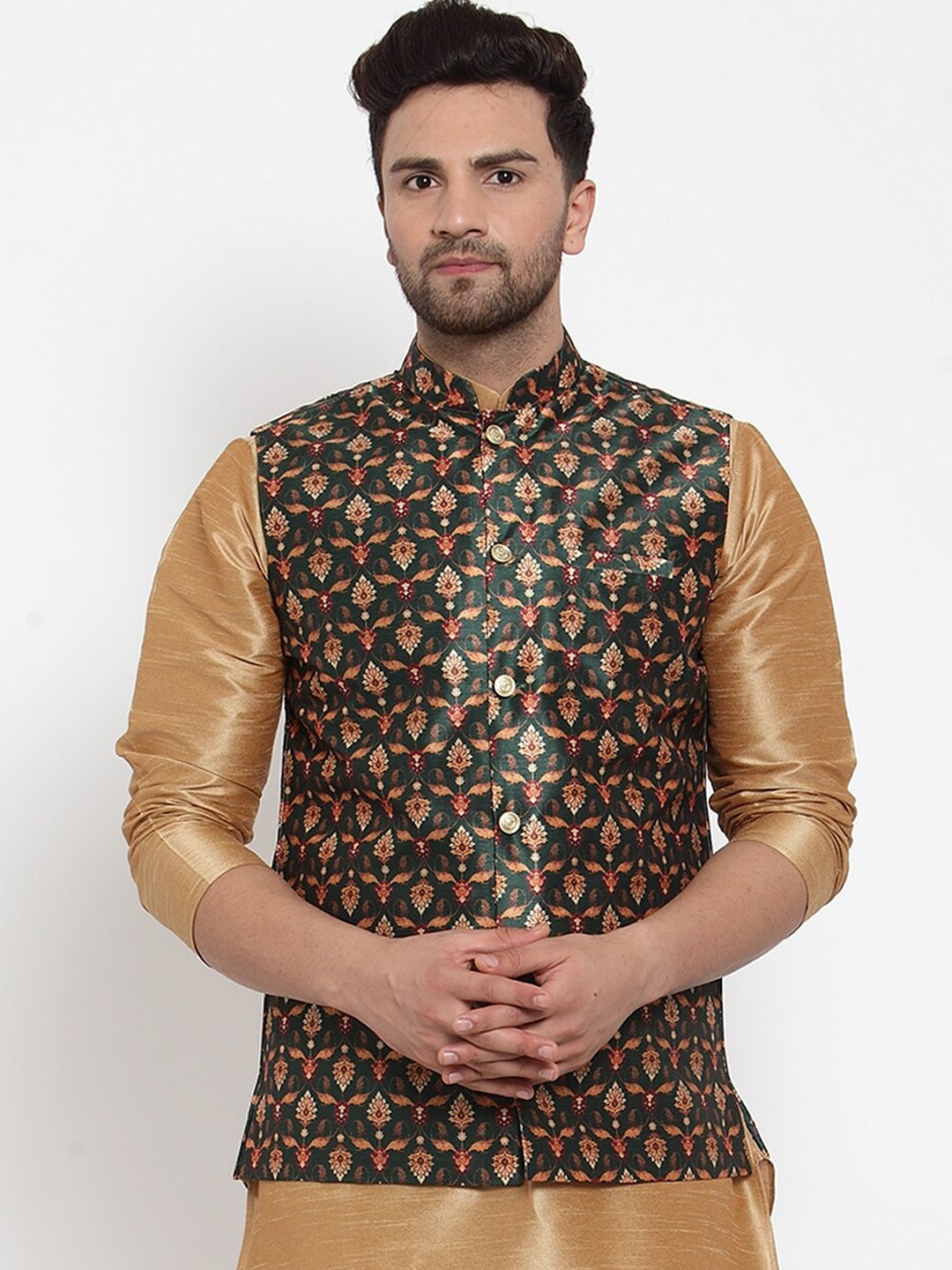 

KRAFT INDIA Men Green Silk Printed Mandarin Collar Nehru Jacket