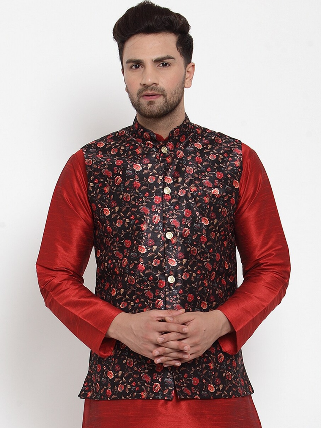 

KRAFT INDIA Men Black & Red Printed Silk Nehru Jacket