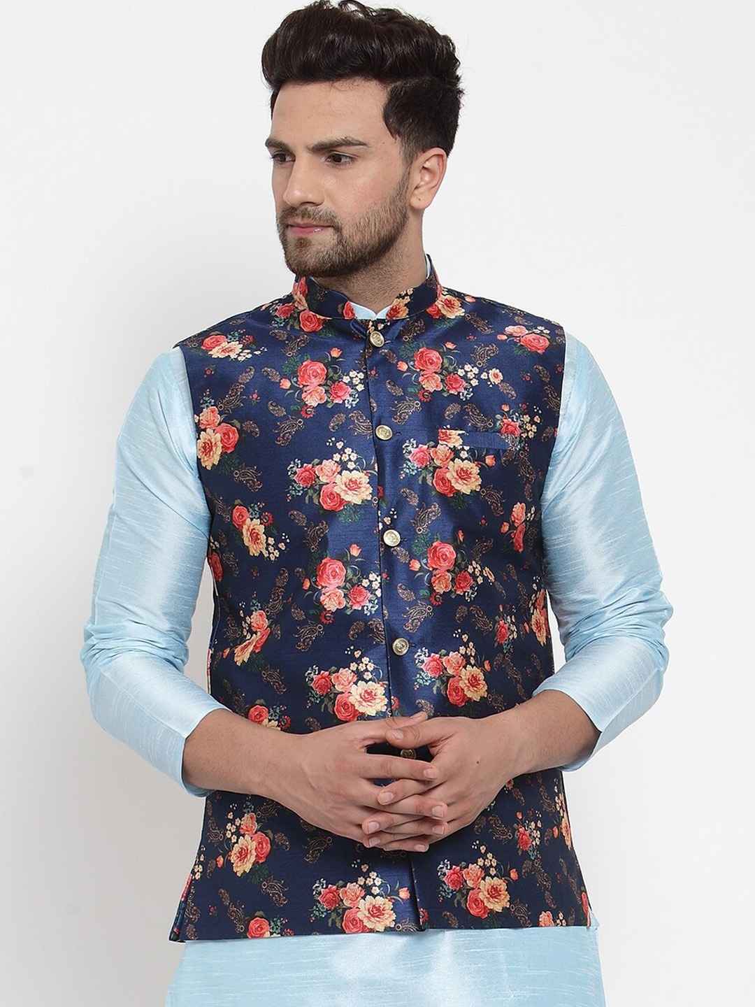 

KRAFT INDIA Men Blue Silk Printed Mandarin Collar Nehru Jacket