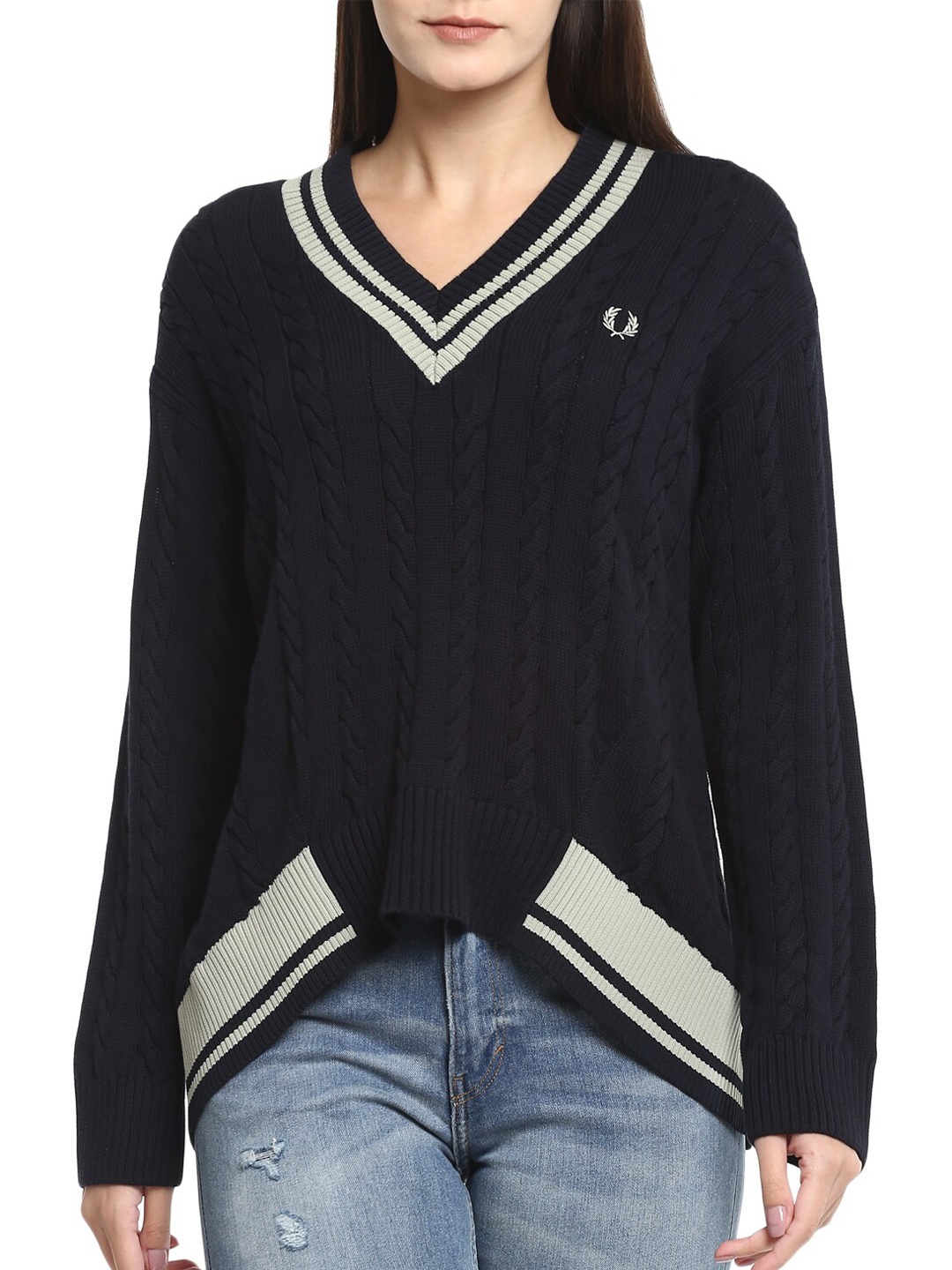 

Fred Perry Women Navy Blue & White Cable Knit Pullover