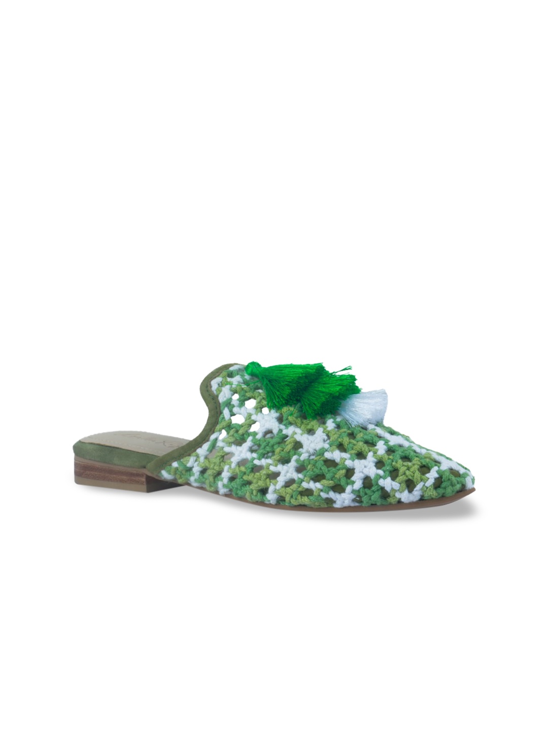 

London Rag Women Green & White Woven Design Mules with Tassels