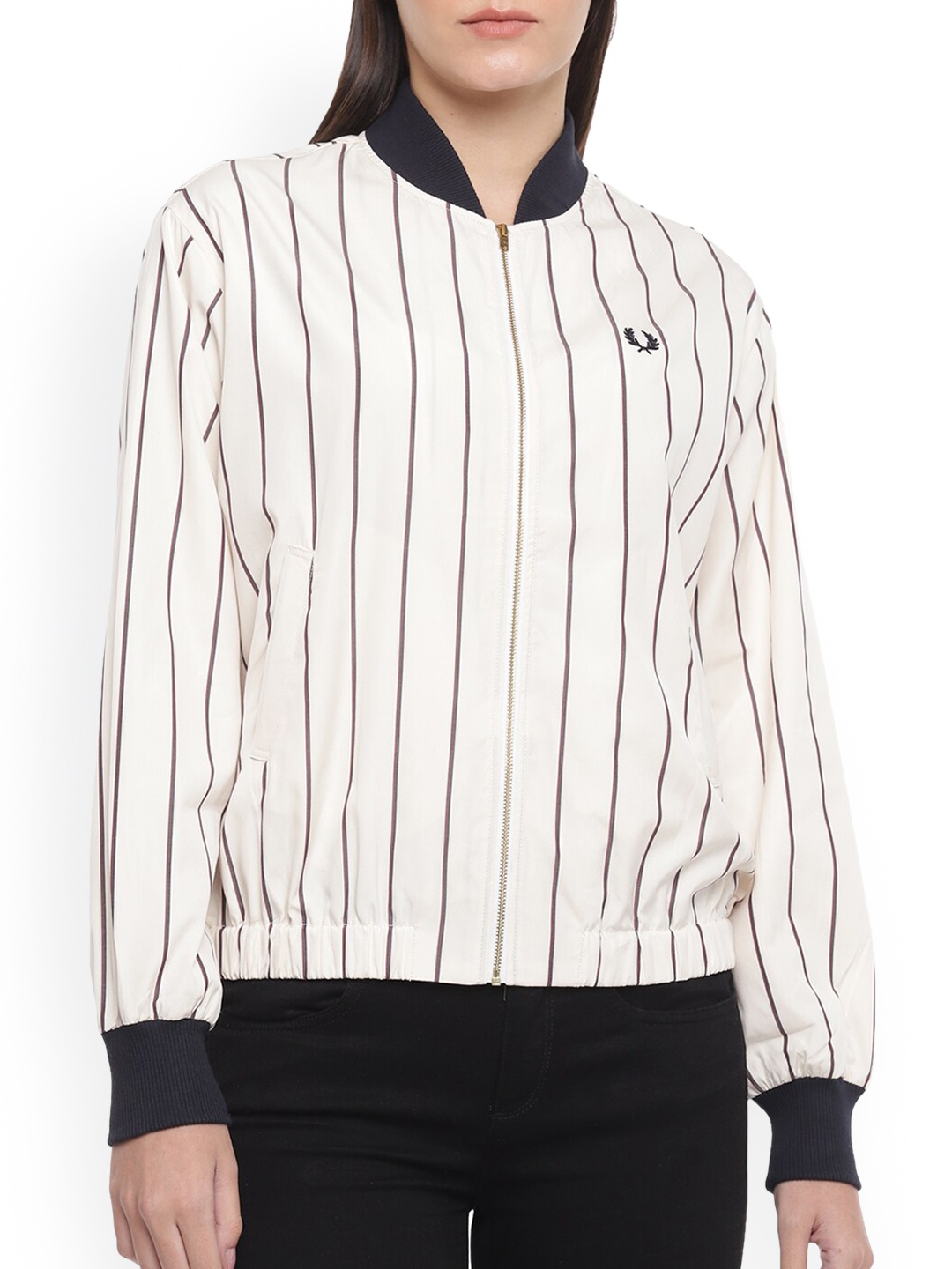 

Fred Perry Women White Geometric Striped Longline Bomber Jacket