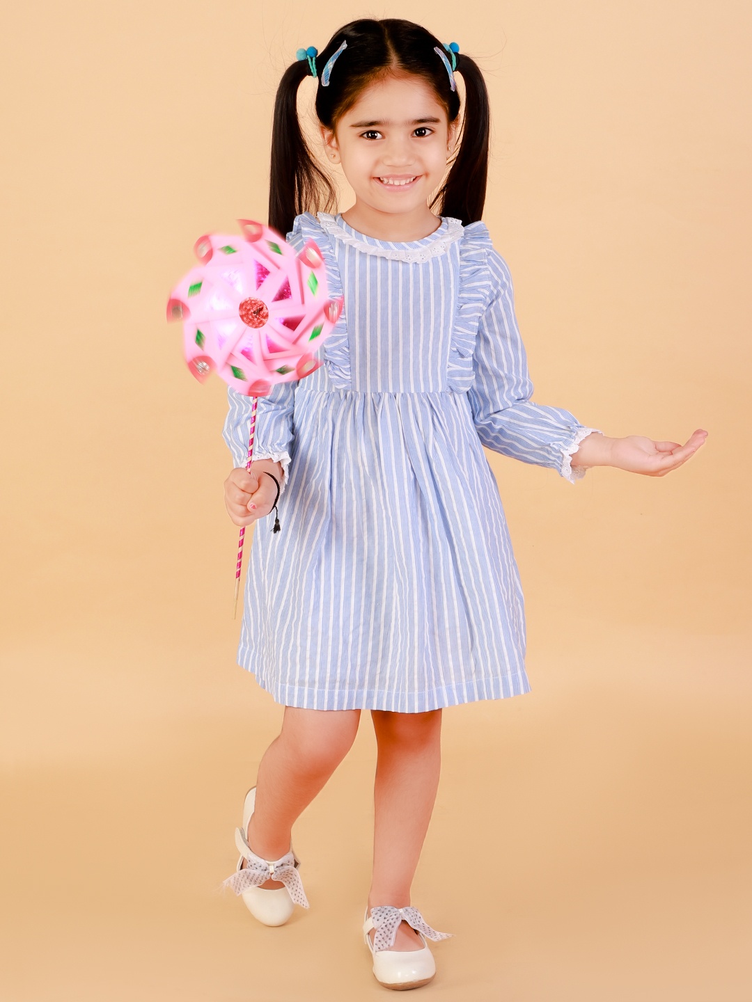 

LIL DRAMA Girls Blue & White Striped Dress
